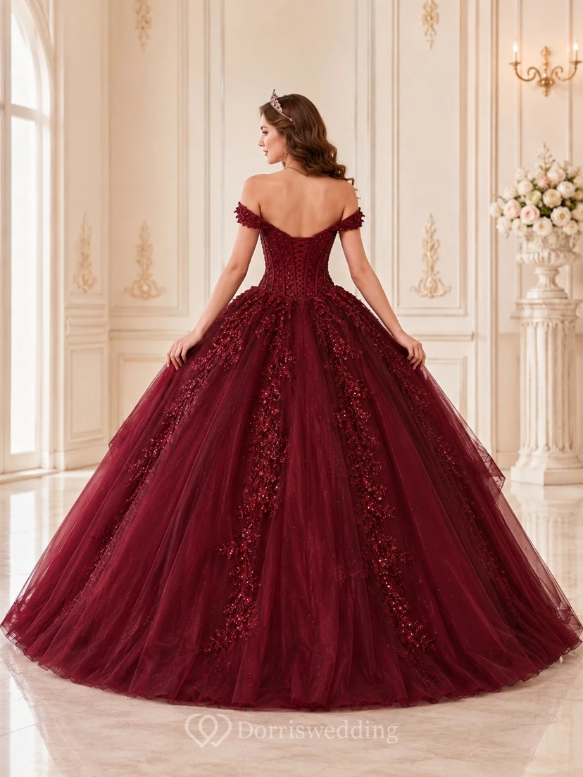 Robe de bal de quinceañera bordeaux, tulle à plusieurs épaisseurs, épaules dénudées, application de luxe, tenue de soirée view 2