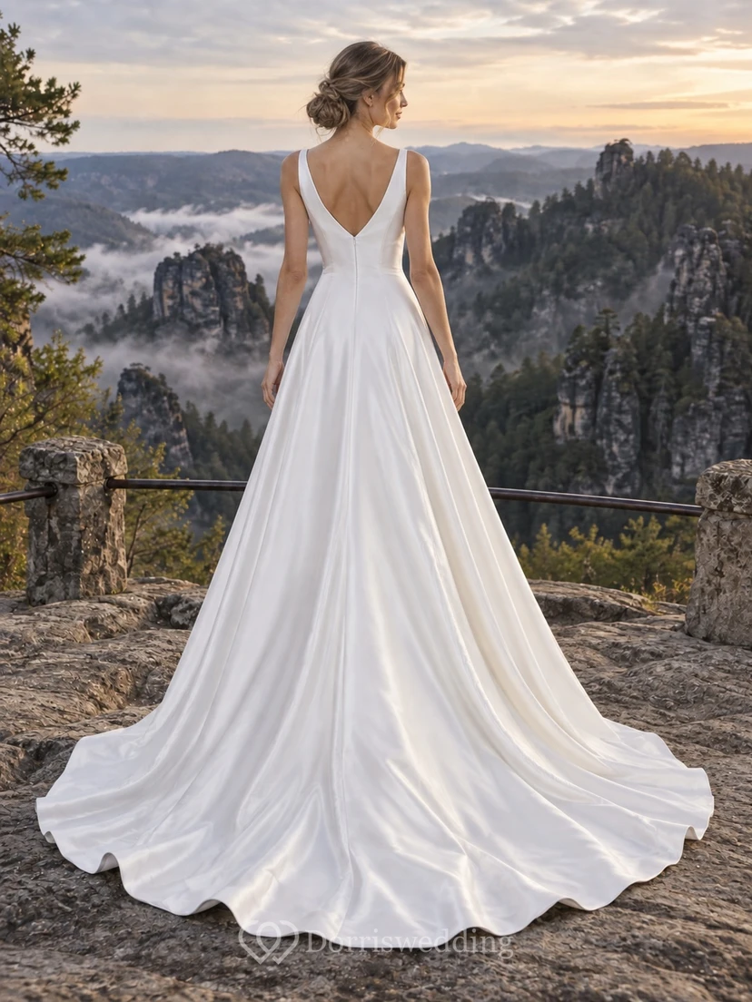 Vestido de novia sencillo de satén con escote en V, corte en A, sin mangas y cola. view 2