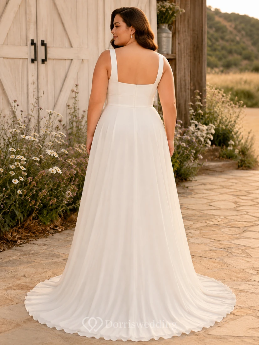 Chiffon-Hochzeitskleid, A-Linie, V-Ausschnitt, ärmellos, Kapellenschleppe, tiefer V-Ausschnitt am Rücken view 2