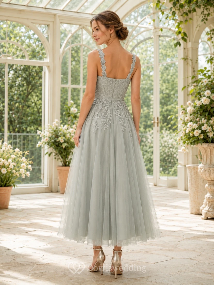 Silbernes Salbeigrünes Teelängen-Tüllkleid in A-Linie mit eckigem Ausschnitt und Applikationen view 2