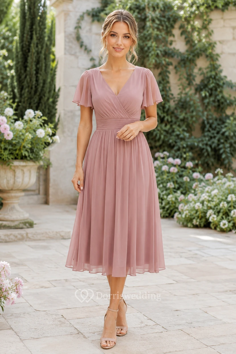 Robe trapèze en mousseline rose poudré à col en V et longueur thé