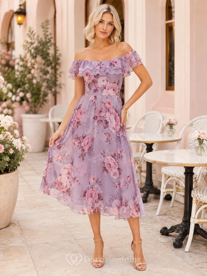 Robe mi-longue à manches bouffantes et épaules dénudées, imprimé floral lavande