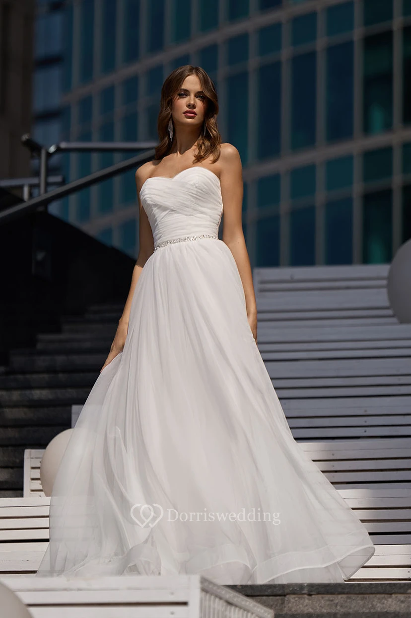 Sweetheart Criss-cross Ruched A-line Tulle Wedding Dress with Beaded Waist video preview