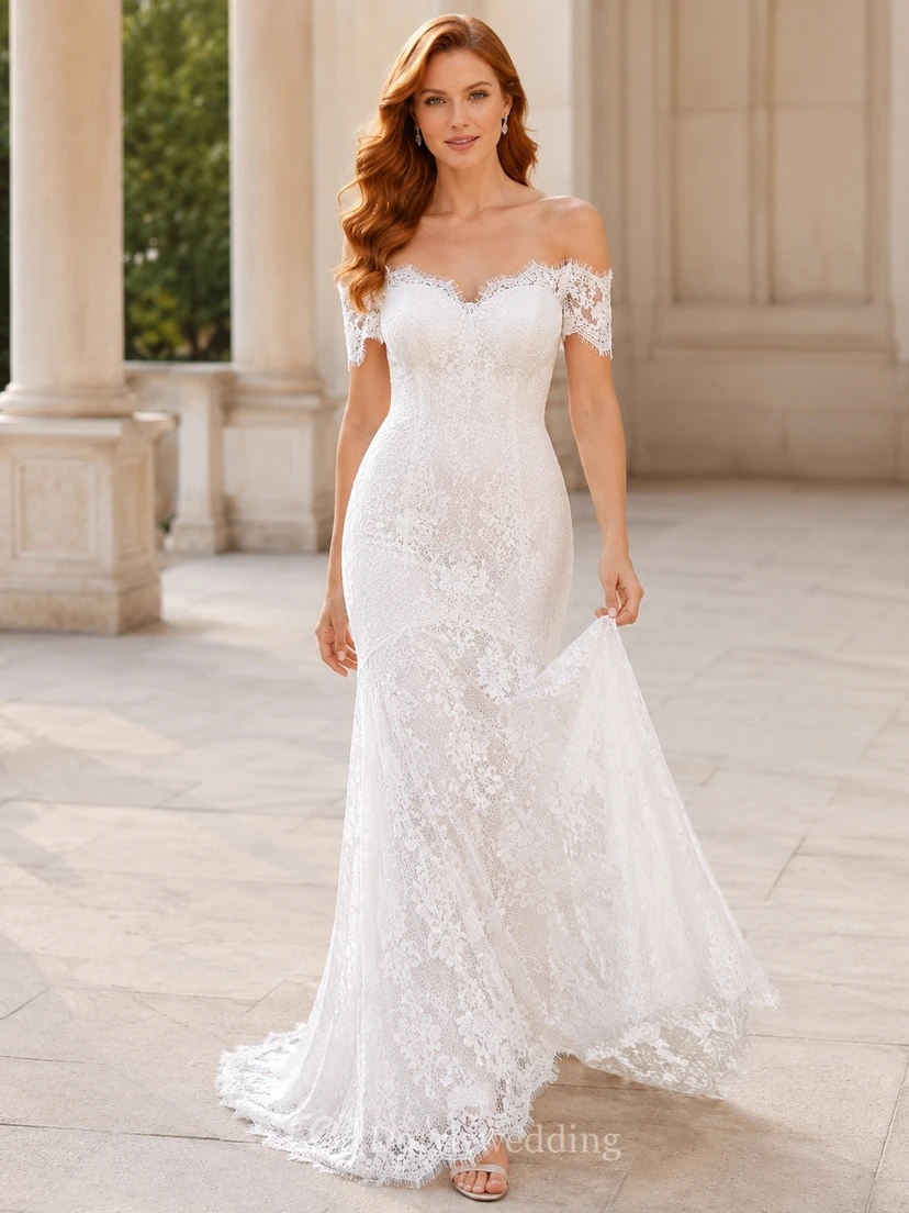 Brautkleid im Meerjungfrauenstil mit schulterfreiem Spitzenbezug, kurzen Ärmeln und bodenlanger Silhouette