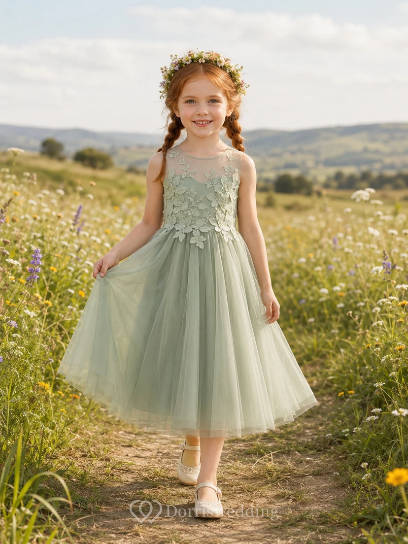 Sage Flower Girl Dress Boho Tea-Length A-Line Sleeveless Illusion Floral Lace Applique Tulle