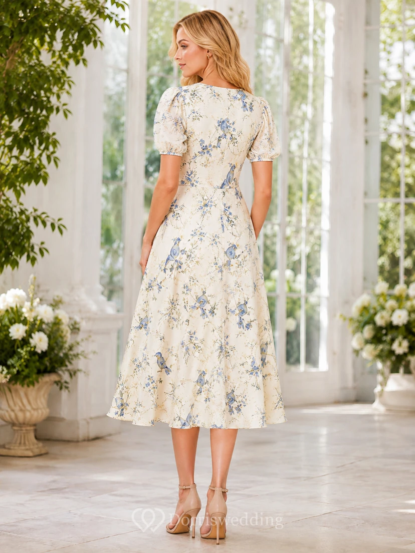 V Neck Bird Floral Print Garden Guest Midi Dress view 2