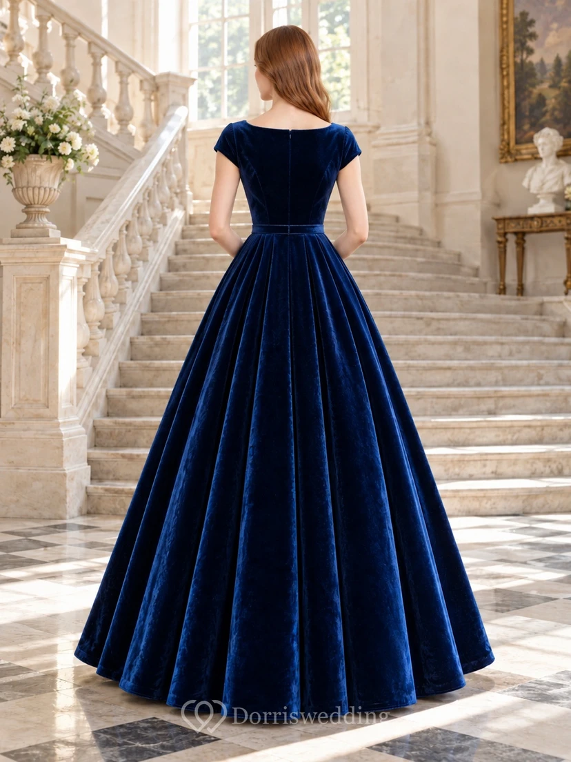 Königsblaues, elegantes A-Linien-Kleid aus Samt mit U-Boot-Ausschnitt und kurzen Ärmeln view 2