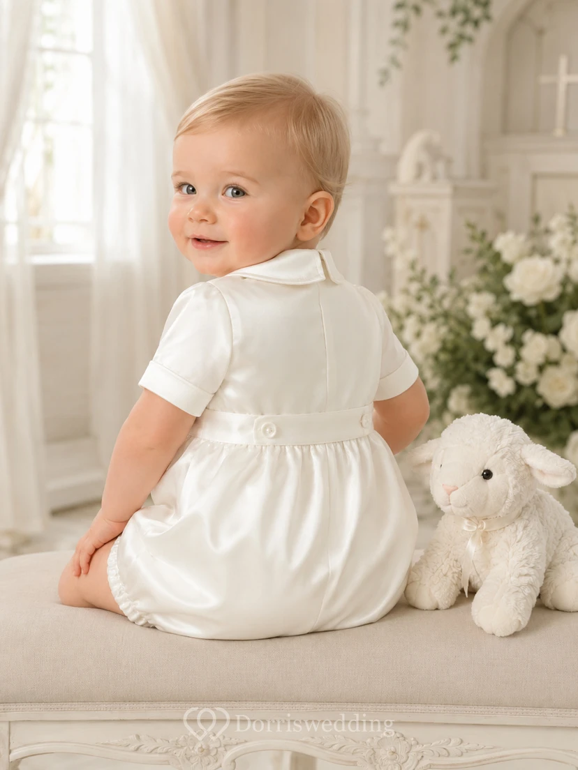 White Pintuck Bib Peter Collar Short Sleeve Christening Bubble for Baby Boy view 2