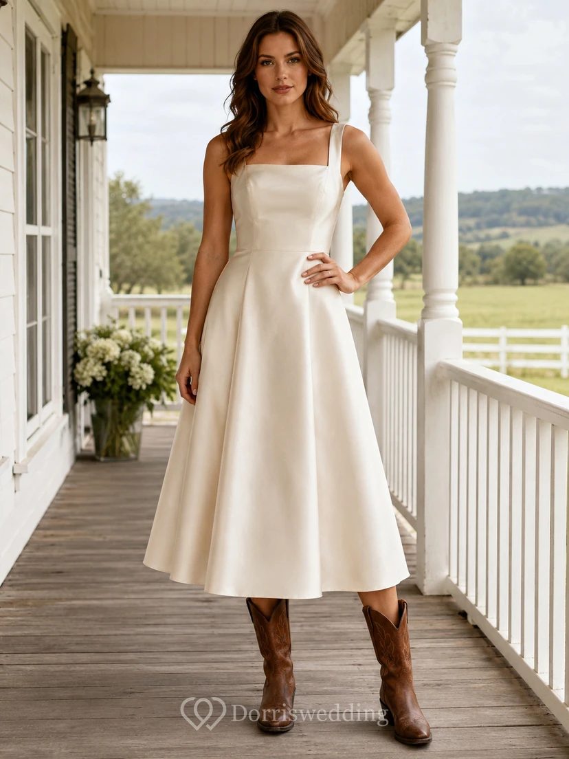 Simple Satin Tea-Length A-Line Square Neck Wedding Dress Modern Casual