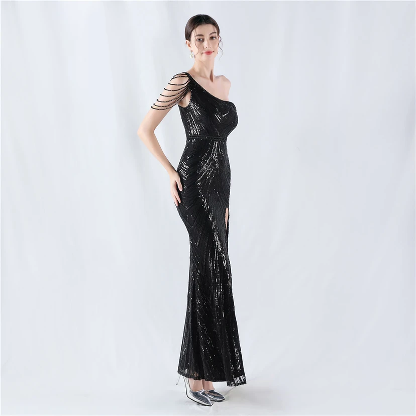 Positioning Flower Beaded Craft Beaded One-Shoulder Oblique Collar High Slit Evening Dress view 5