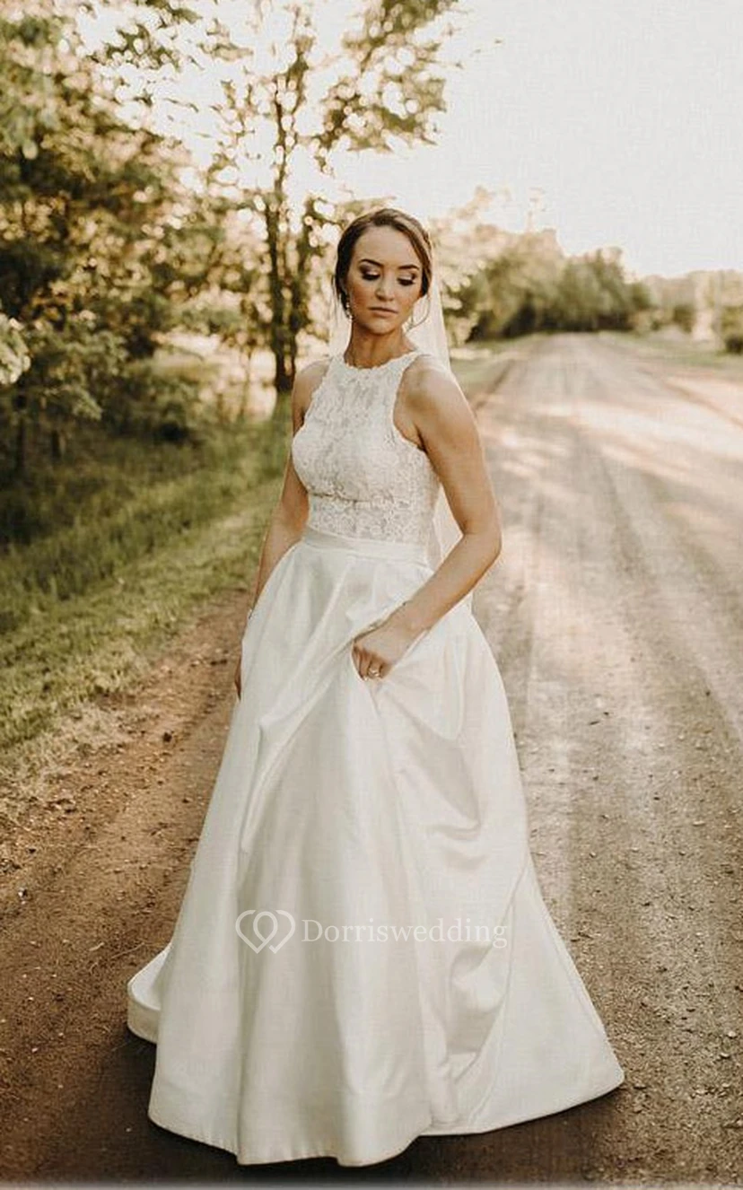 Lace Scoop-neck Chiffon Empire Country Outdoor Wedding Dress view 3