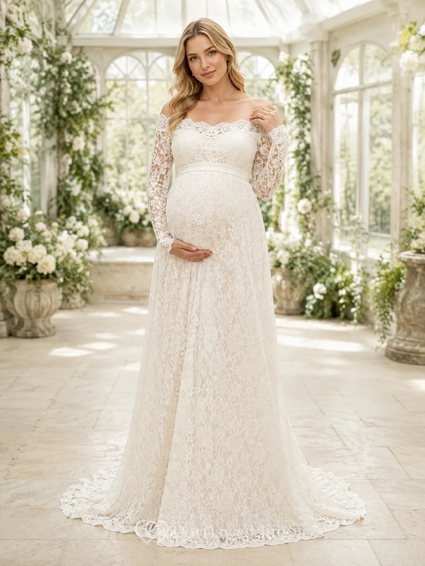Romantisches Umstands-Hochzeitskleid aus Spitze mit langen Ärmeln, schulterfreiem Schnitt und Schleppe
