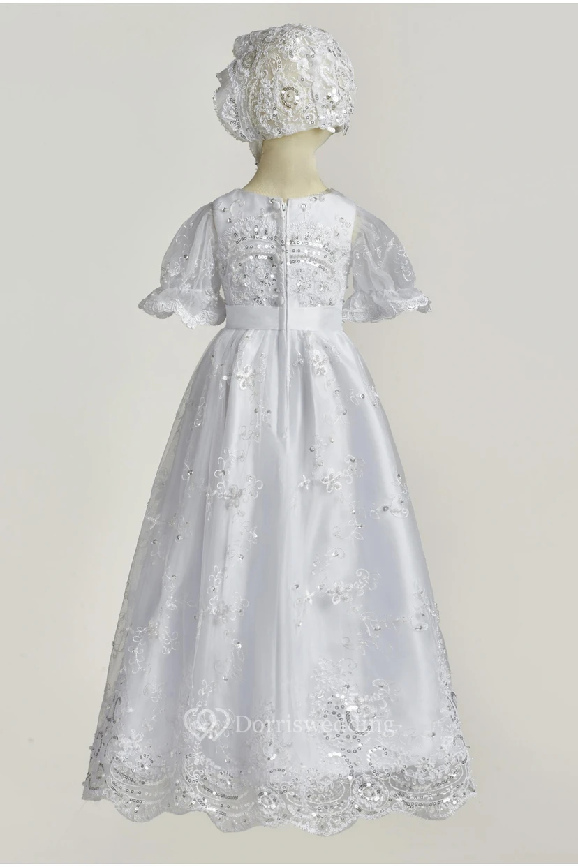 Cute Elegant Christening Gown With Lace And Bow view 2