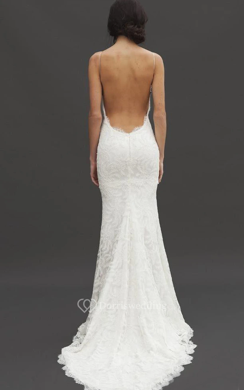 Mermaid Mini Spaghetti Straps Sleeveless Bell Ruffles Court Train Backless Zipper Lace-Up Back Straps Lace Dress view 5