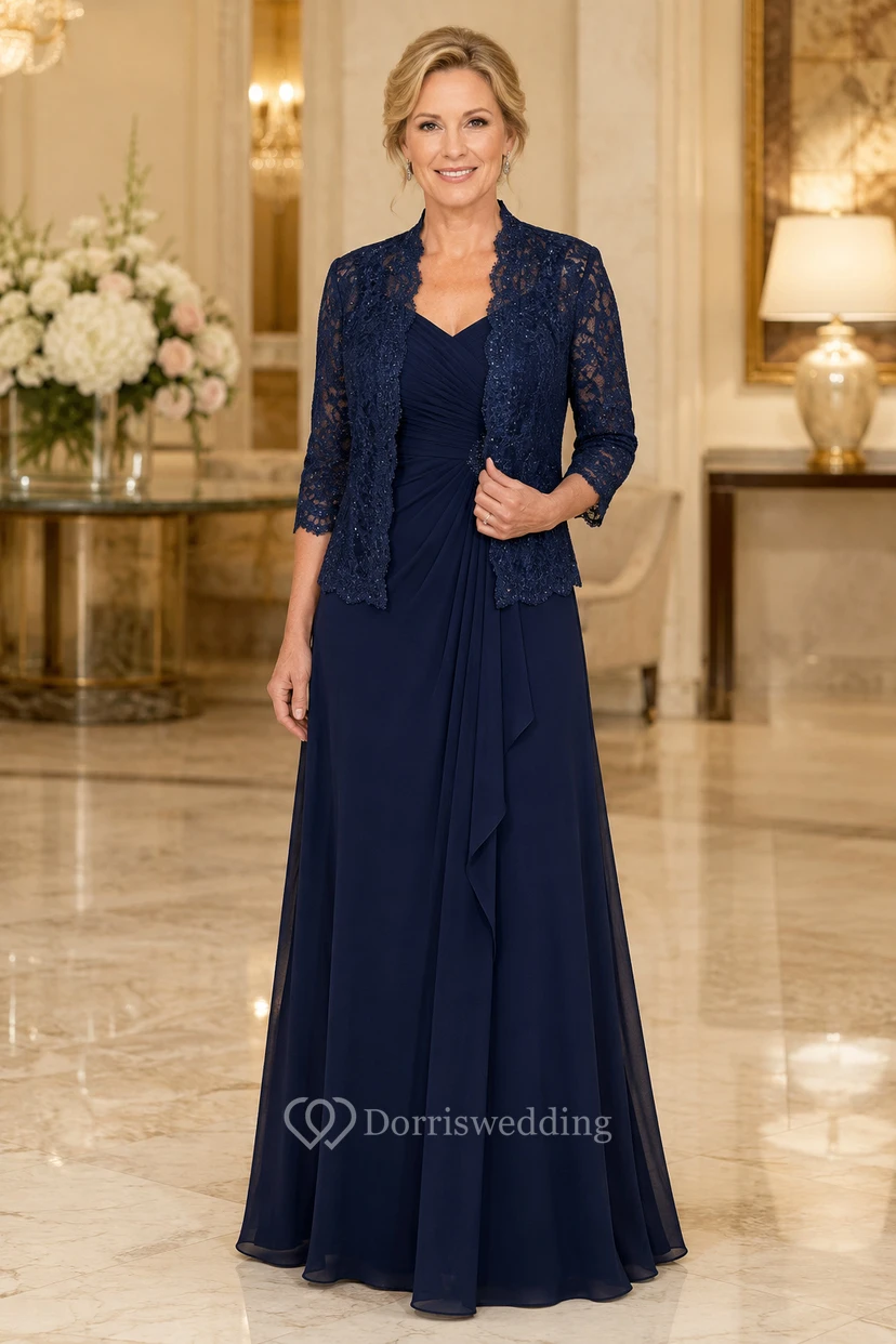 Dunkelblaues Chiffon-Mutterkleid mit Spitzenjacke