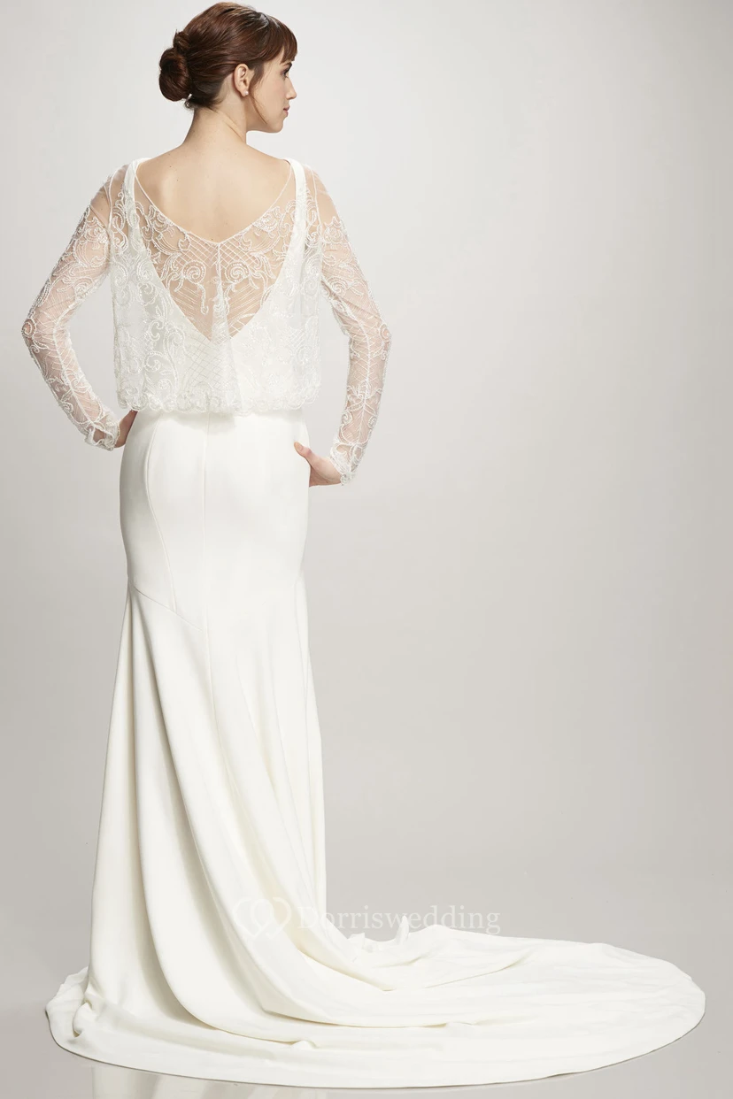 Sheath High Neck Illusion-Sleeve Jersey Wedding Dress view 2