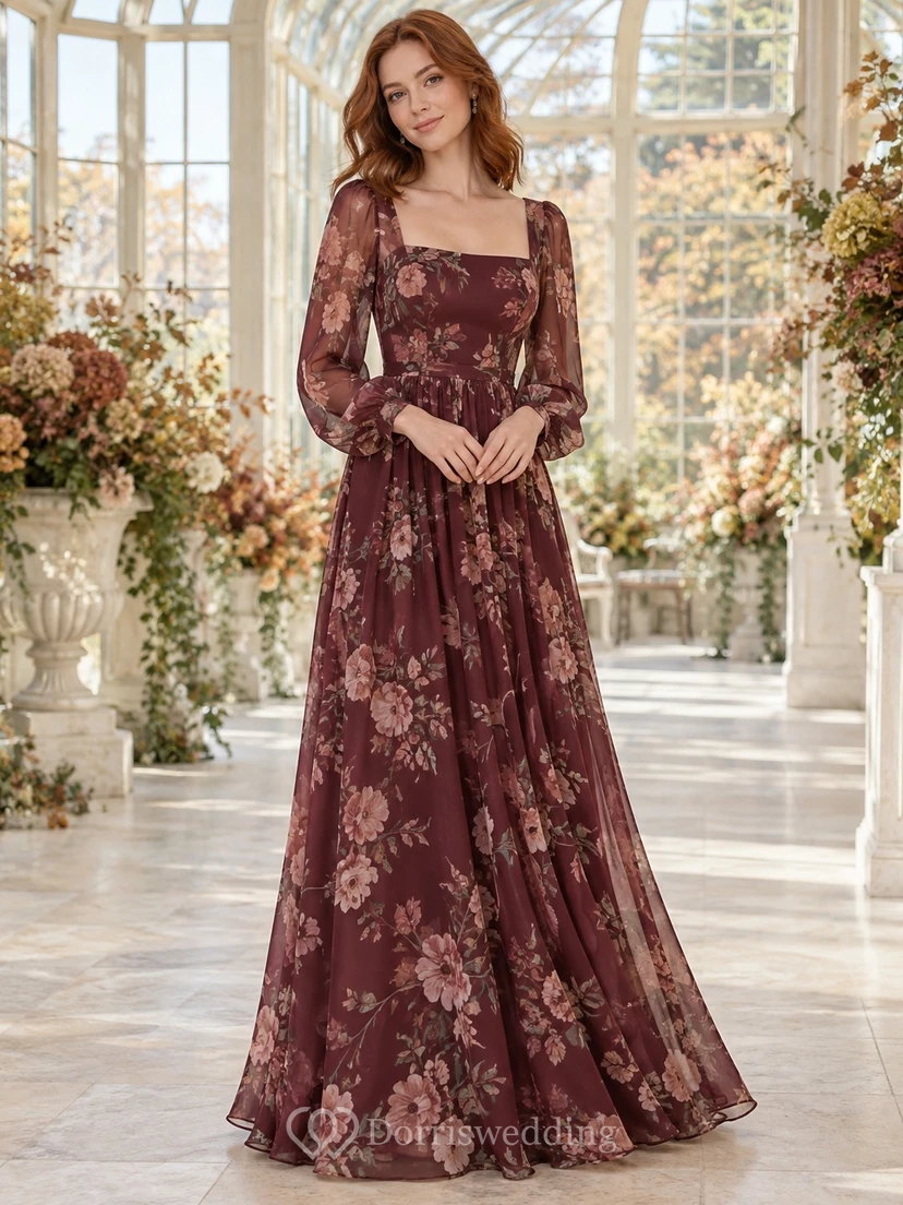 Burgunderfarbenes Brautjungfernkleid aus Chiffon mit floralem Muster, eckigem Ausschnitt, langen Ärmeln und bodenlanger Silhouette