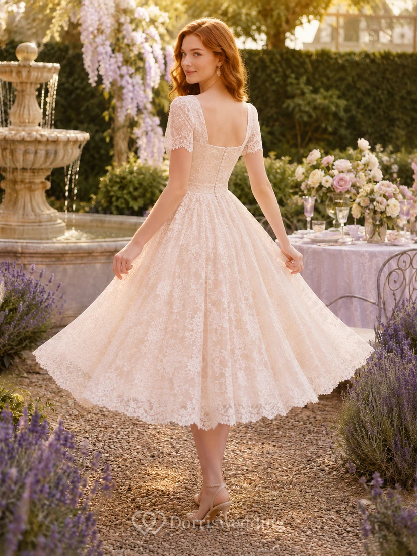 Romantic Square Neck Lace Tea-Length Tulle A-Line Wedding Dress view 2