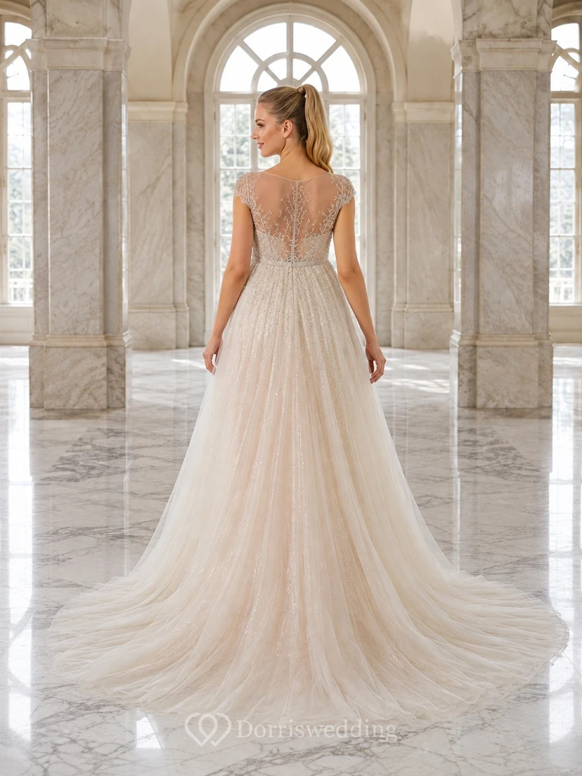 Vestido de novia/maternidad sencillo sin mangas de tul con tirantes y corte imperio con cola larga view 2