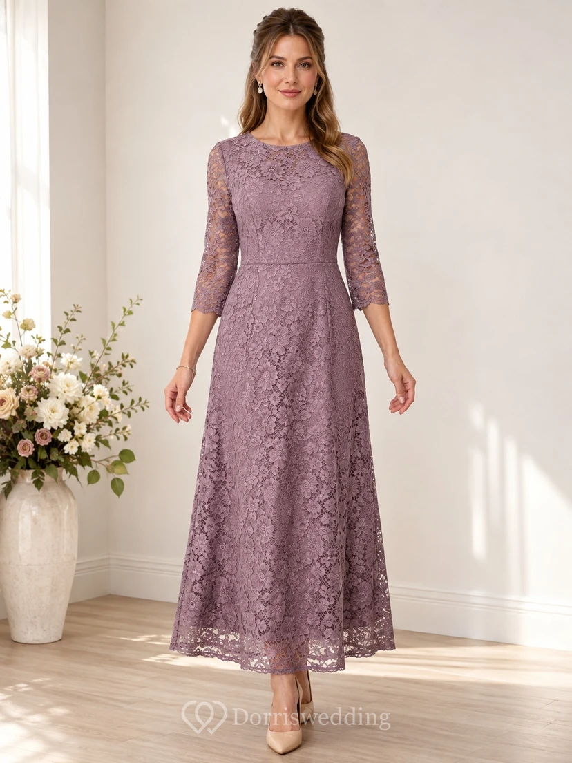 Modest Vintage Mauve Three-Quarter Sleeve Lace A-Line Floor-Length Formal Dress