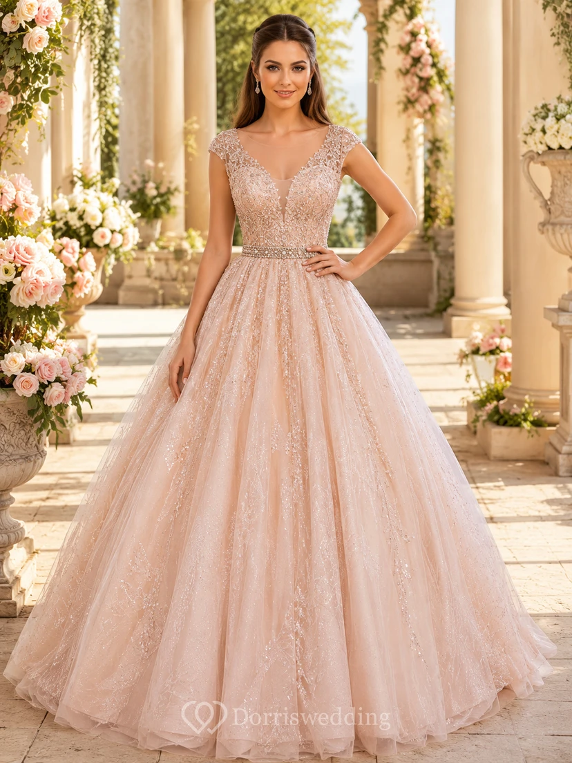 Champagnerfarbenes Glitzer-Ballkleid für die Feria-Gala, bodenlang, V-Ausschnitt