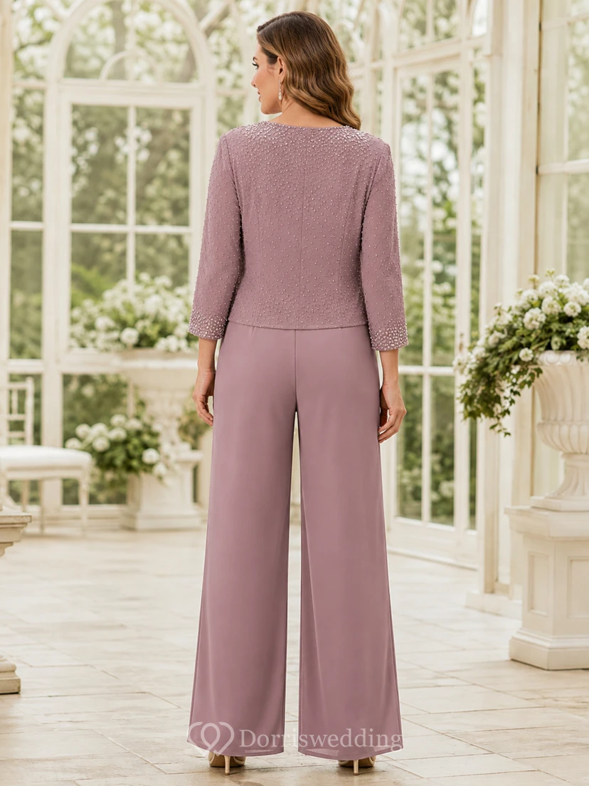Mauve Mother Pantsuit with Pleated Bodice, Chiffon Jacket and Wide Leg Pants view 2