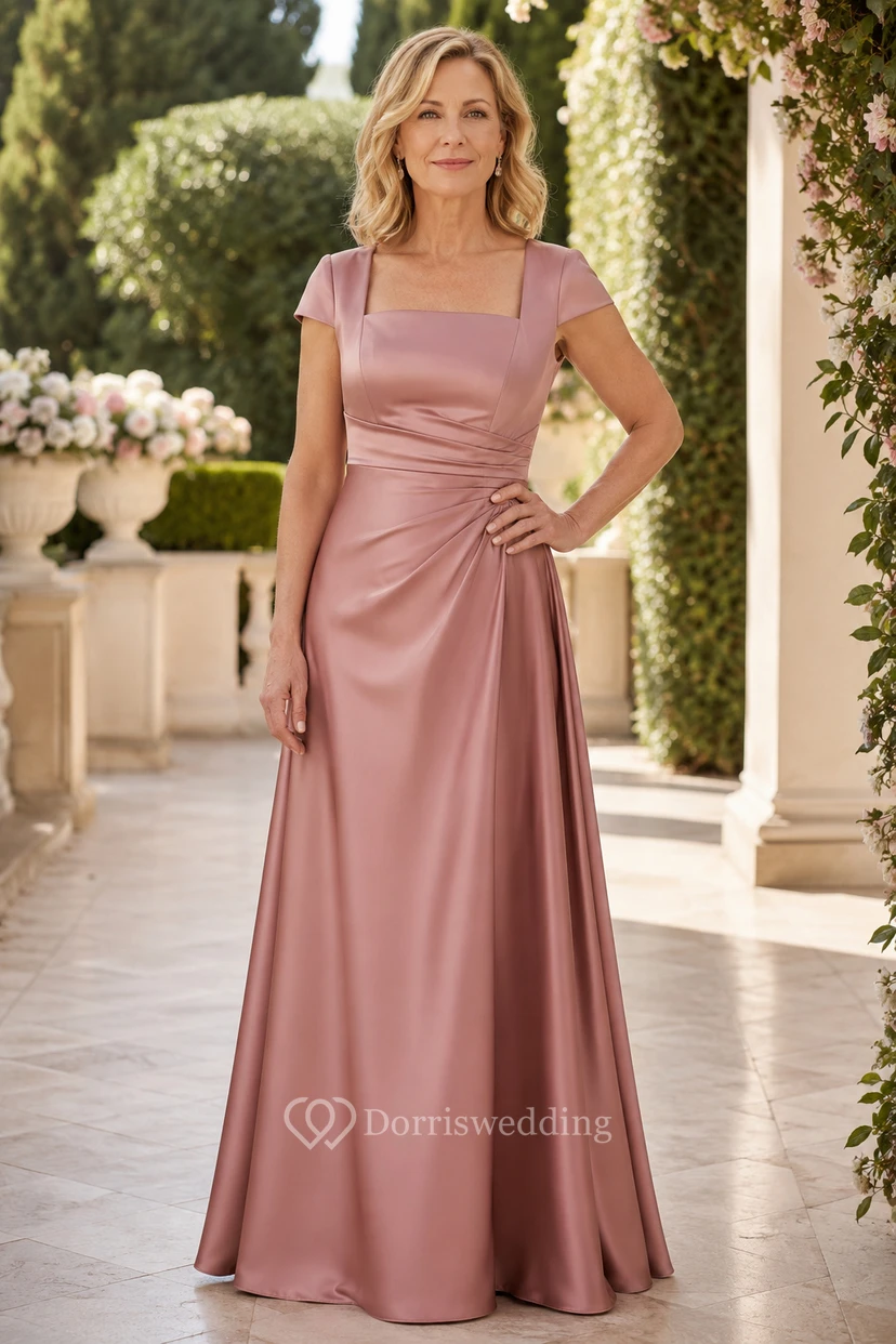 Dusty Rose Satin Square Neck A-Line Mother Dress