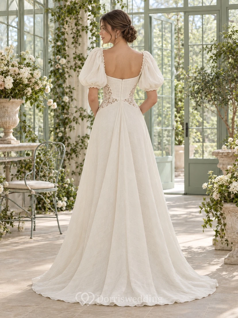 Leinen-Hochzeitskleid mit herzförmigem Ausschnitt, Puffärmeln, Spitze an der Taille und A-Linie view 2