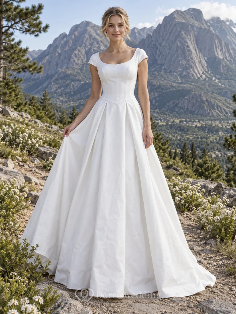 Vestido de novia sencillo de satén con escote redondo, mangas cortas y corte en A, cintura plisada.