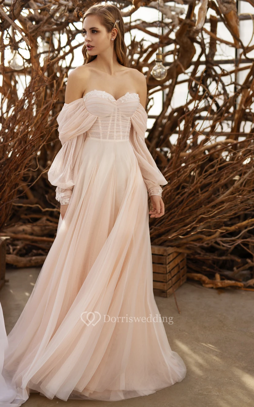 Sweetheart Empire Ruched Puff-sleeve Tulle Pleated Blush Boho Wedding Dress view 5