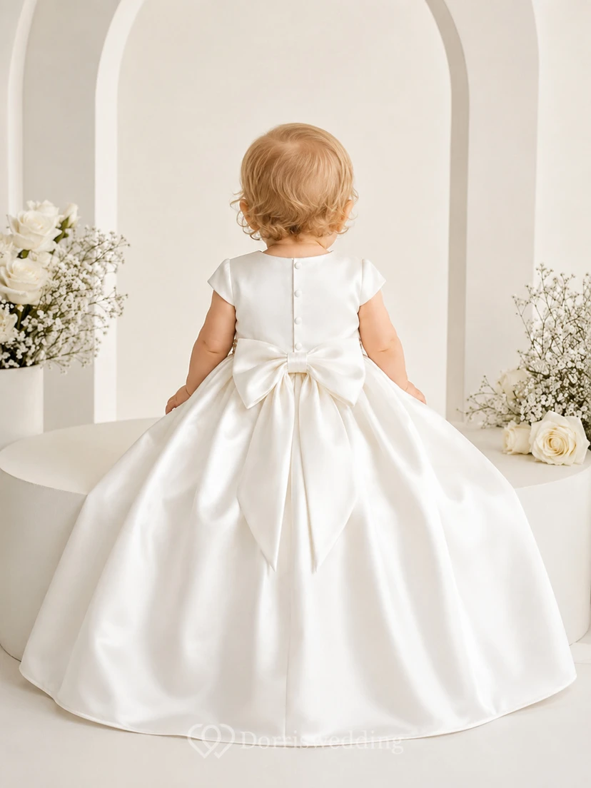Round Neck Christening Gown A-Line Satin Lace Sleeveless Bow Back view 2