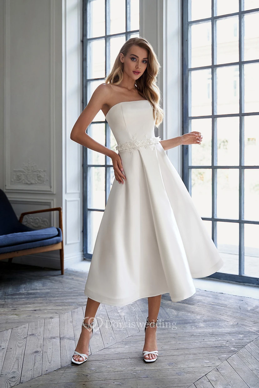 Simple Satin Strapless A-line Tea-length Wedding Dress