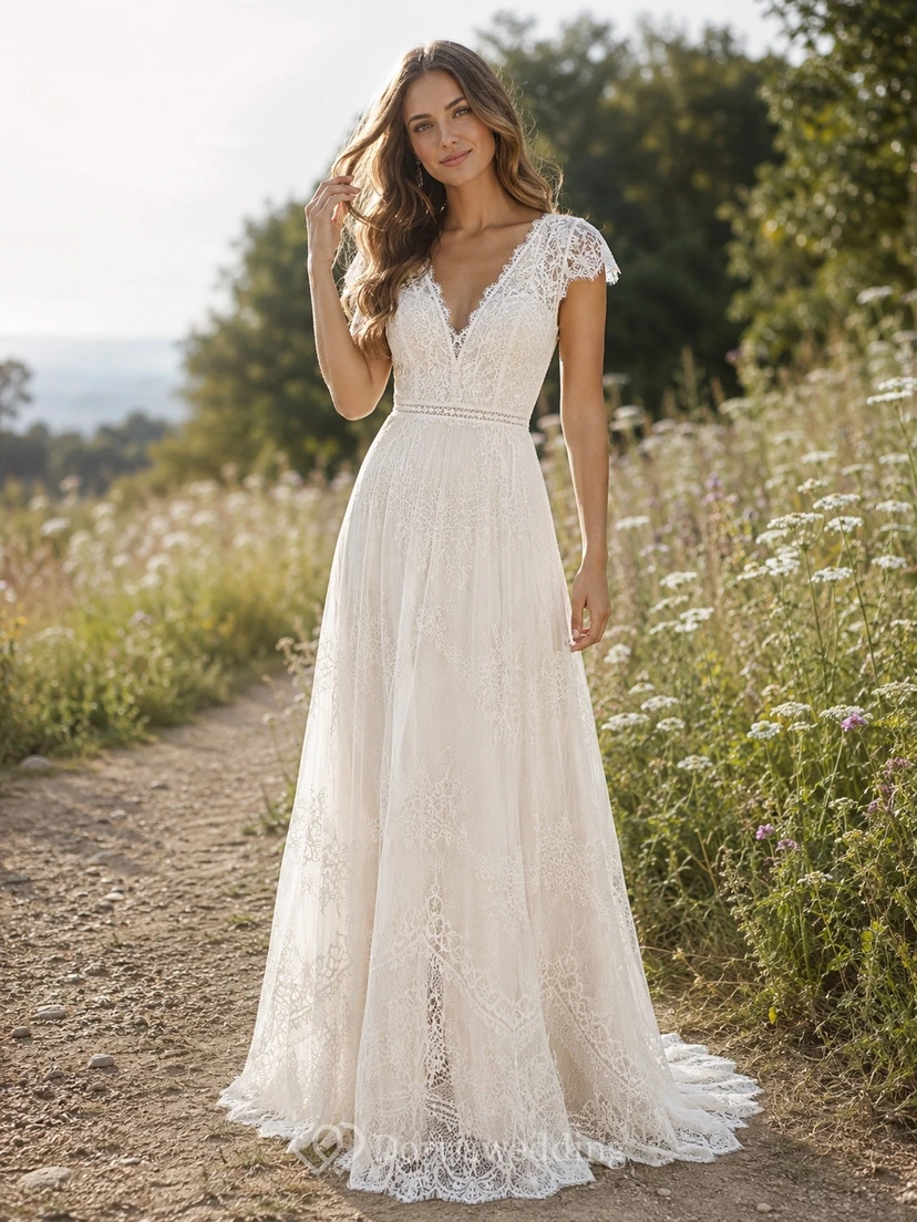 Bohemian Lace V-neck Short Sleeve A-Line Sweep Train Bridal Gown