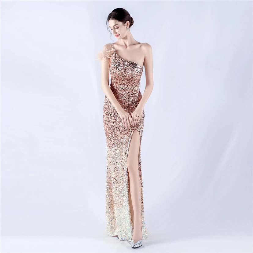 Gradient Velvet Bottom Sequins Craft Beading Ostrich Hair One-Shoulder Oblique Collar High-Slit Evening Dress view 51
