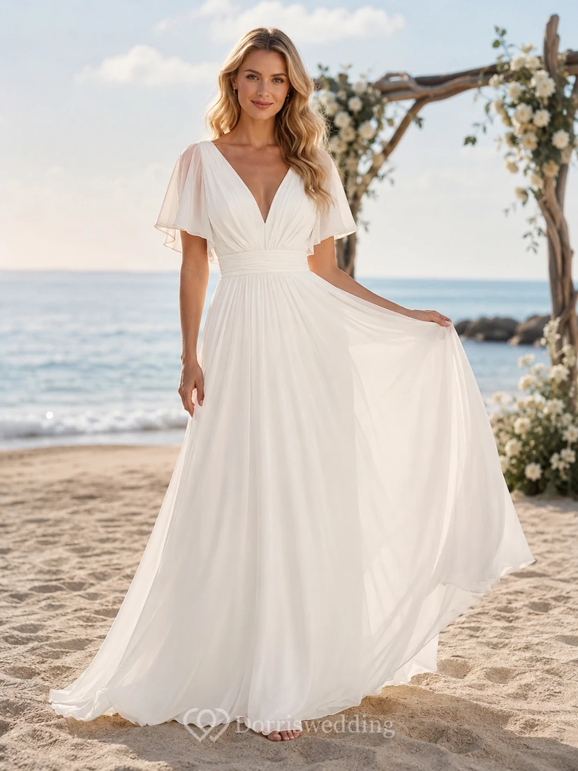 Robe de mariée décontractée en mousseline à manches papillon et col en V, style plage
