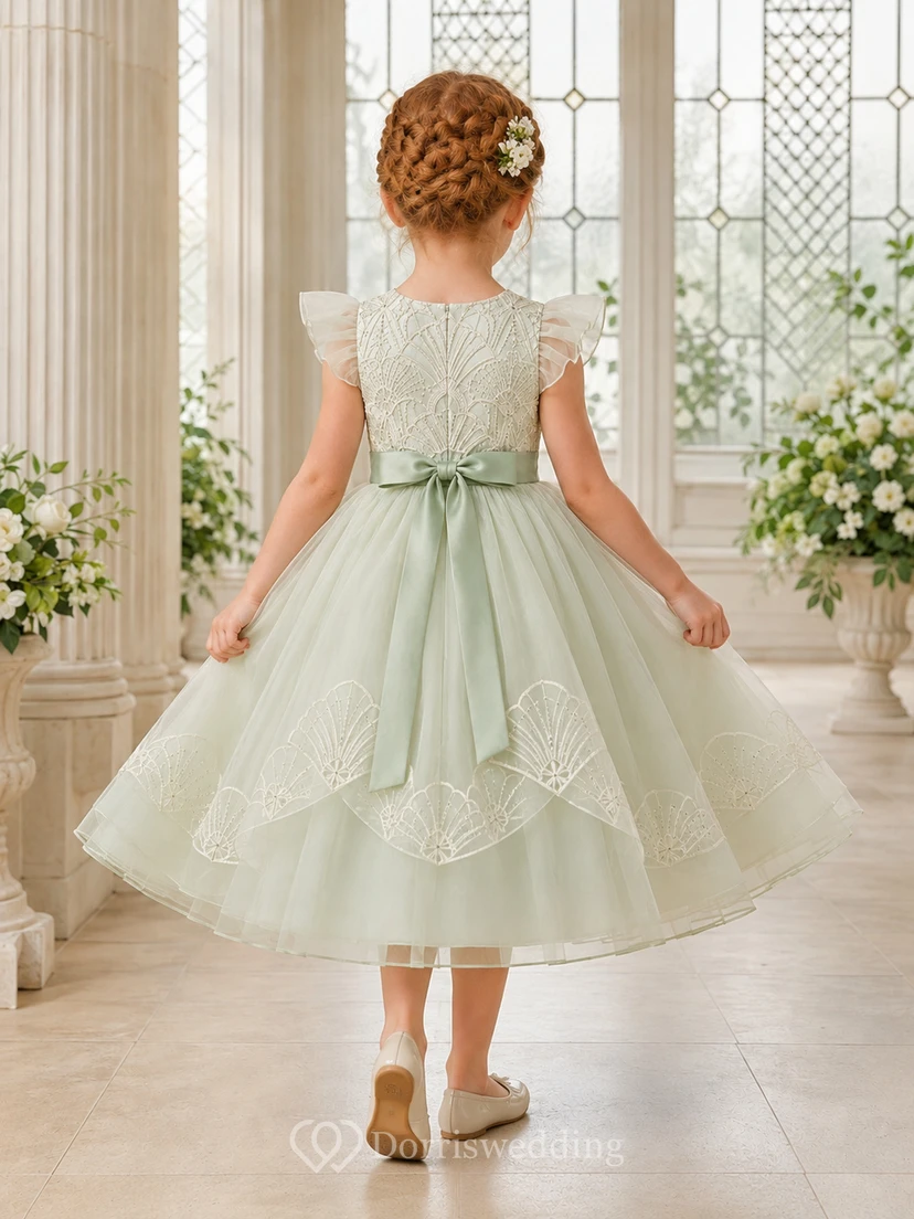 Celadon Flower Girl Dress with Beaded Petal Sleeves, Tea-Length Ball Gown Skirt, Fan Embroidered Tulle and Satin Back Bow view 2