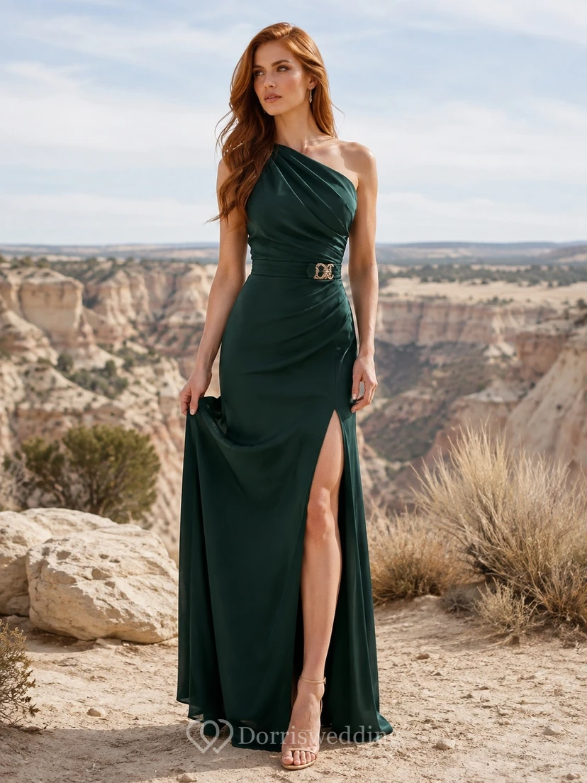 Dark Green One-Shoulder Sleeveless Ruched Slit Floor-Length Satin Mermaid Formal Dress