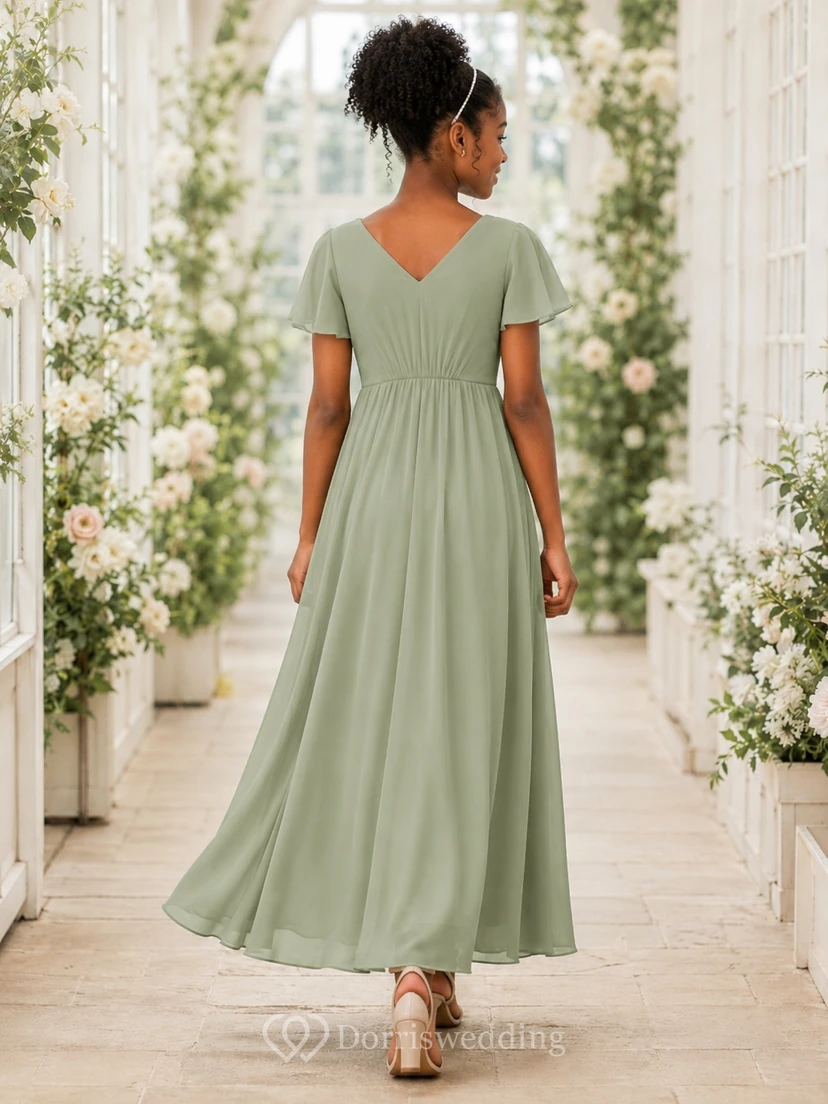 Celadonfarbenes Brautjungfernkleid für junge Damen, A-Linie, V-Ausschnitt, kurze Ärmel, plissiert view 2