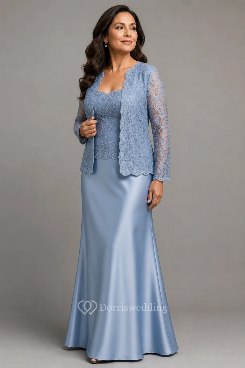 Robe de mère de la mariée violette en dentelle, manches longues, longueur au sol, avec veste view 9