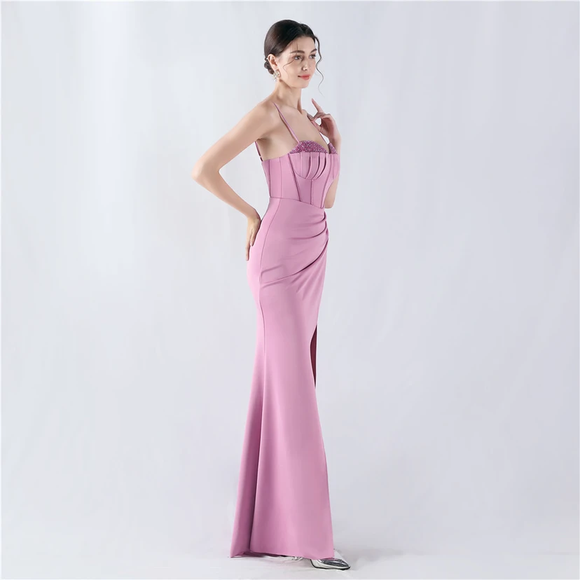 Fishbone Waist Set Crystal Diamond Satin Host Evening Dress view 4