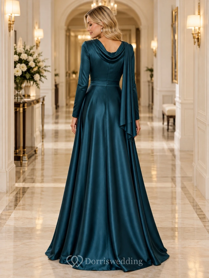 Vestido de dama de honor de satén azul verdoso oscuro de manga larga con cuello tipo bufanda view 2