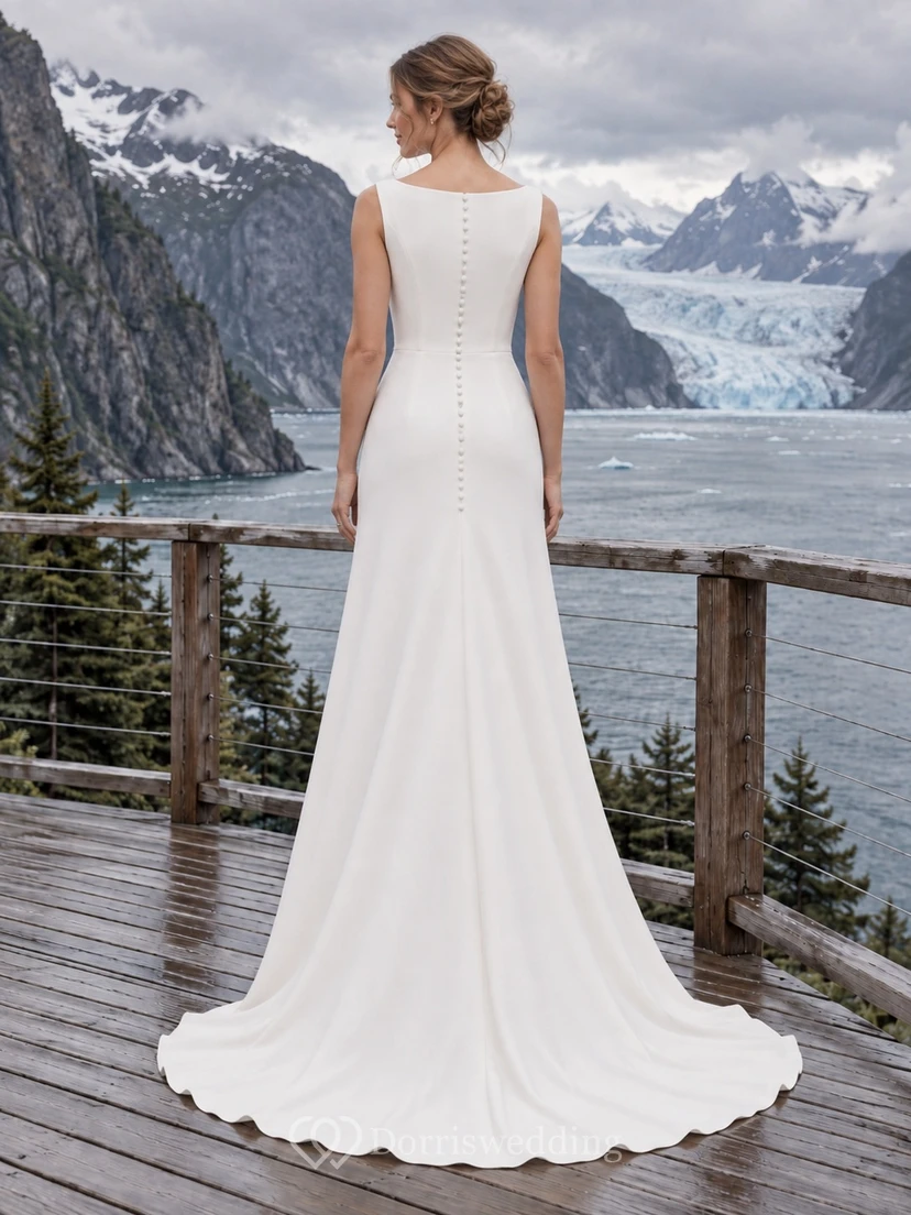 Elegante vestido de novia de crepé con escote barco, cola larga y botones en la espalda. view 2