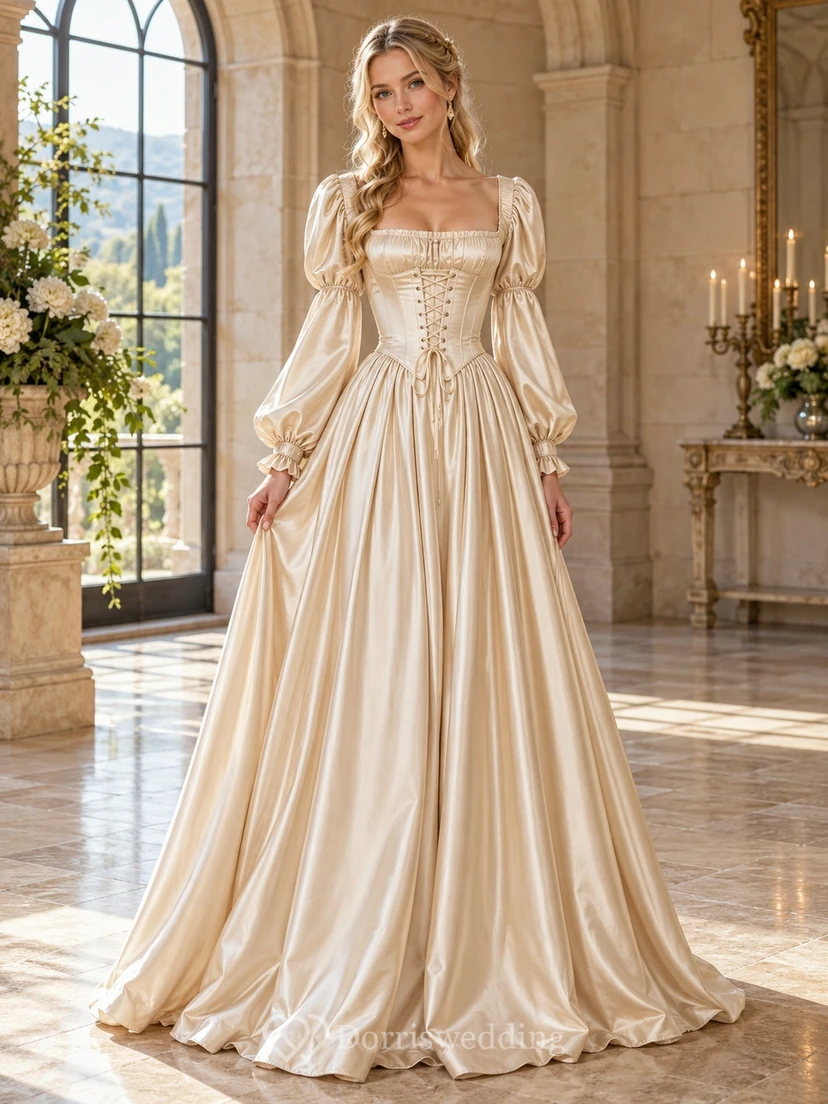 Robe de mariée Renaissance en satin à manches longues, col carré et corset trapèze