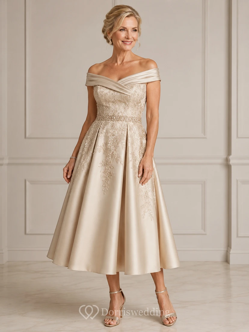 Champagne Off Shoulder Tea Length Mother Dress Champagne Off-the-shoulder Sweetheart A-Line Tea-length