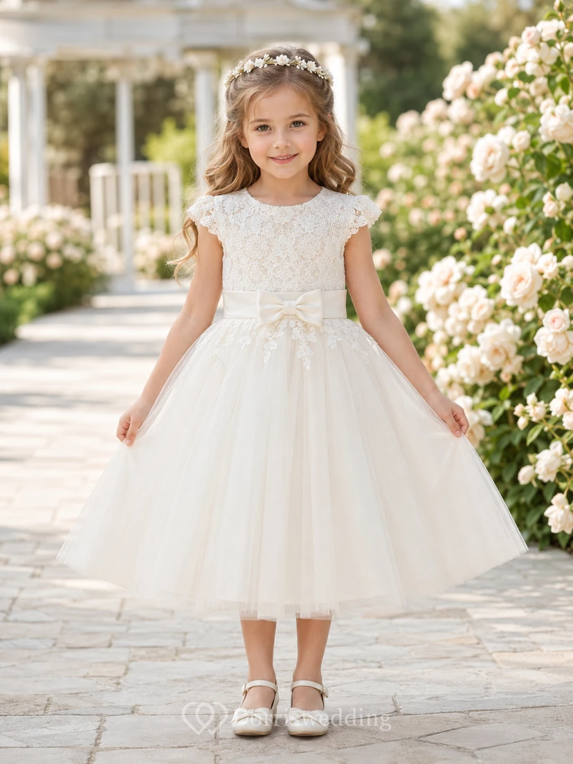 Vestido de niña de flores color marfil, romántico, largo hasta la rodilla, corte en A, manga corta, encaje, tul, lazo de satén.