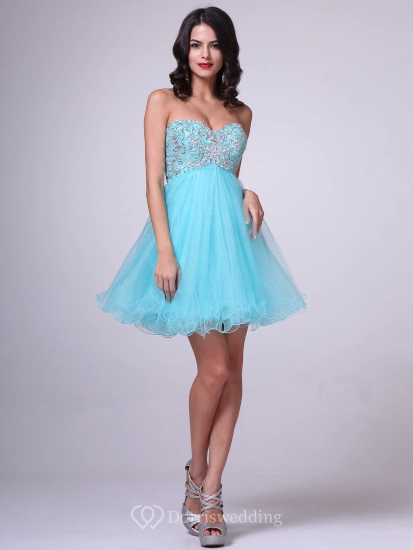 Robe trapèze mini bustier cœur sans manches en tulle empire ornée de perles view 2