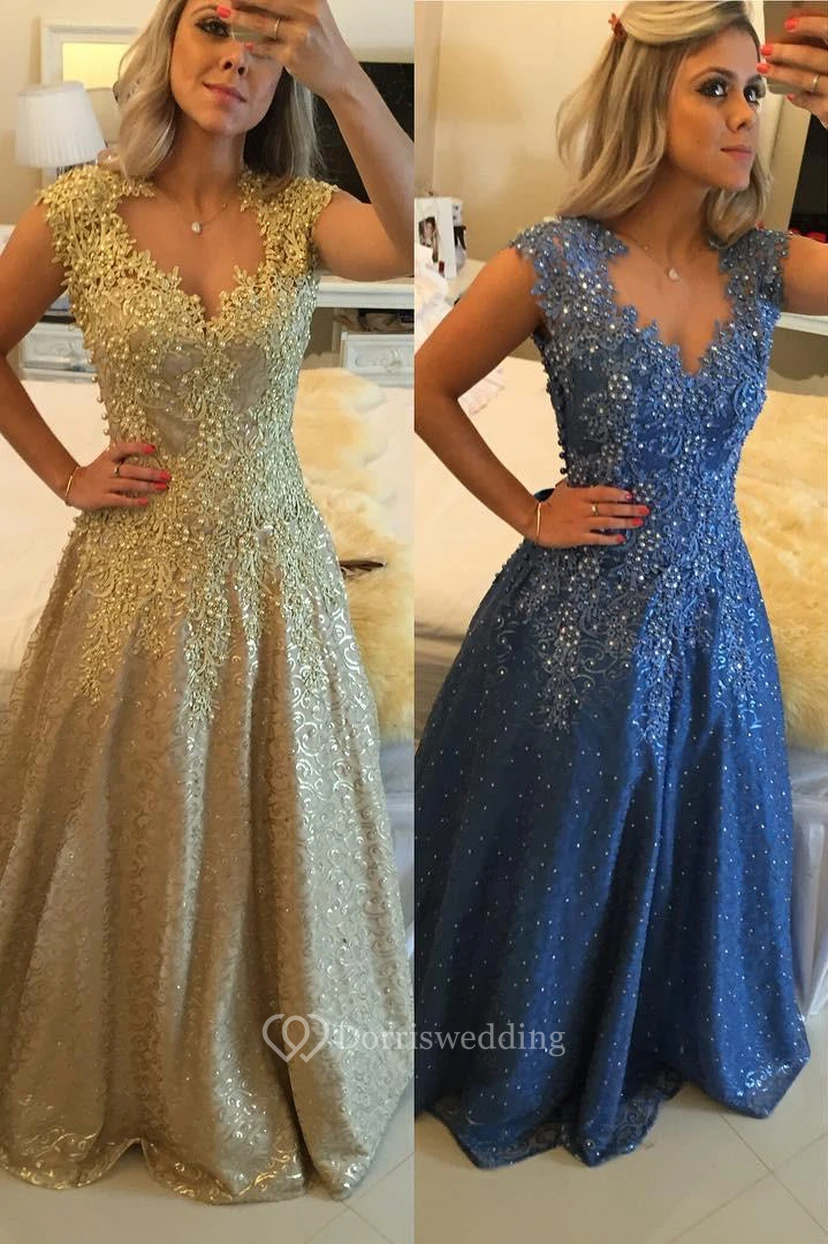 Glamorous Cap Sleeve Lace Appliques Prom Dresses Floor Length Formal Wear