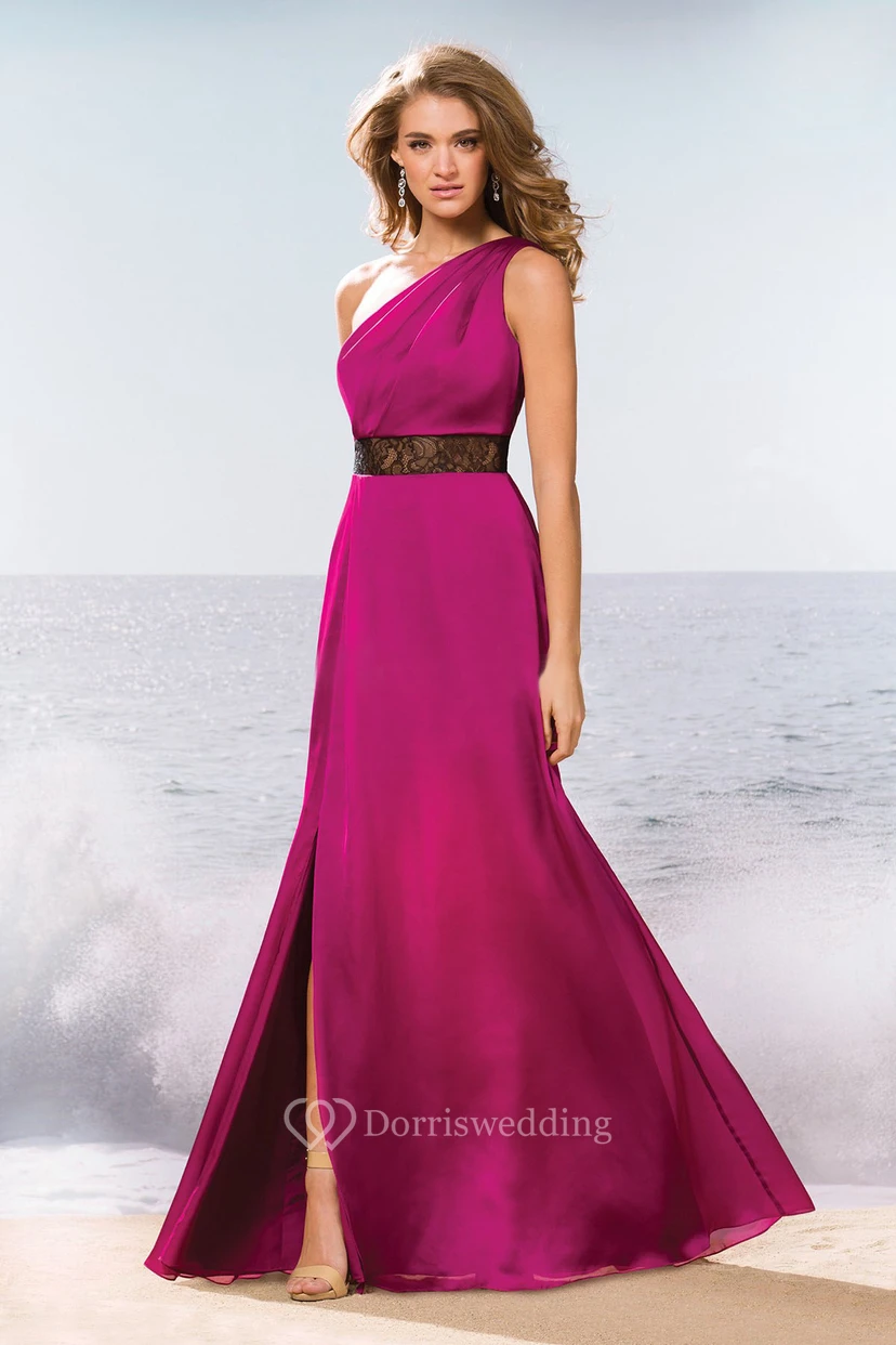 One-Shoulder Long Bridesmaid Dress With Lace Detail And Front Slit