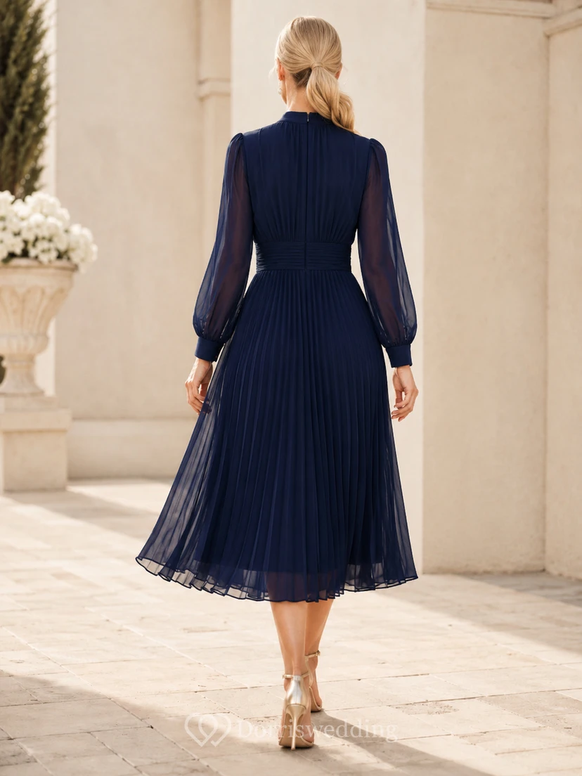 Dark Navy Modest High Neck Pleated Chiffon Long Sleeve Tea Length Dress view 2