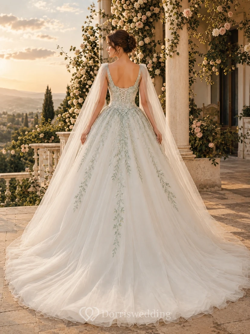 Celadonfarbenes, botanisches Brautkleid, Ballkleid, ärmellos, mit Kathedralenschleppe und Cape, romantisches Design view 2